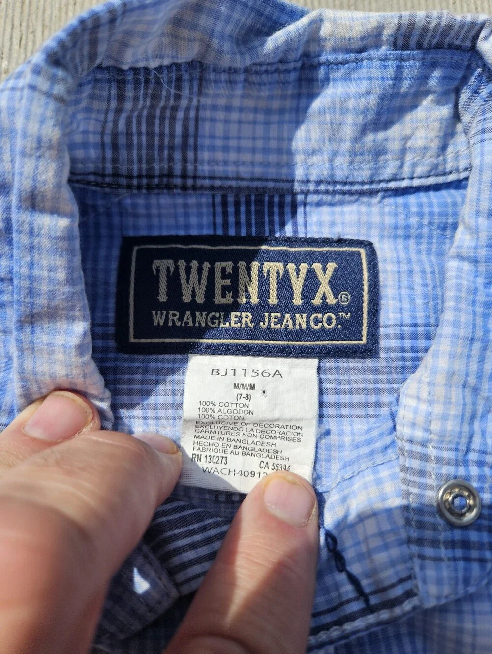 Wrangler 20X Boys Pearl Snap Shirt Medium 7-8 Blue Plaid Long Sleeve Western Kid